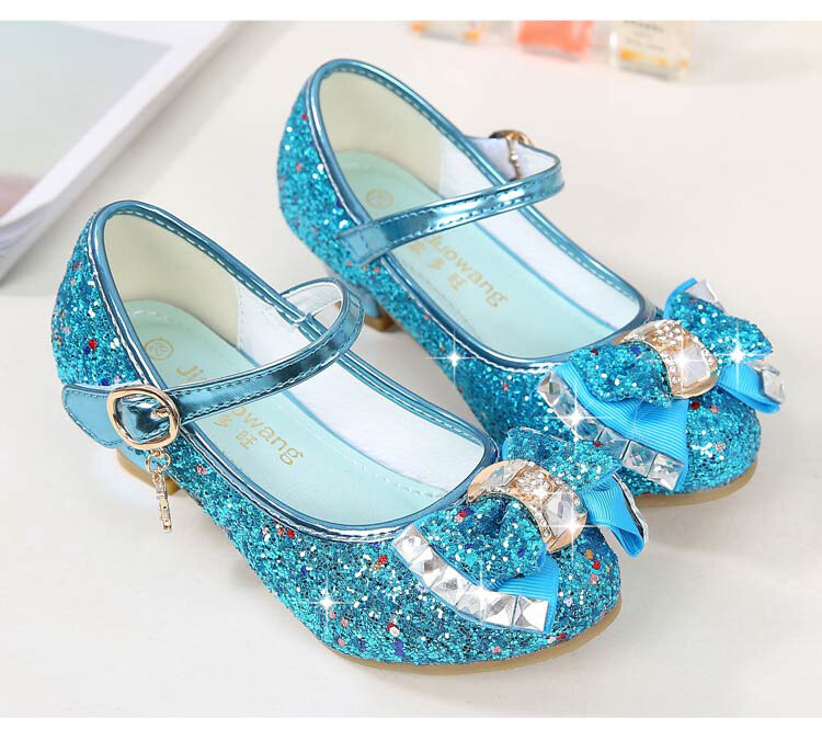 Sapatos de couro infantil de princesa para meninas, calçados casuais com detalhes em glitter, borboleta, azul, rosa e prata, 2021