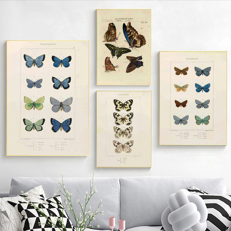 Nordic retro arte pintura da lona borboleta inseto evolução cartaz sala de estar corredor pintura parede decoração casa mural