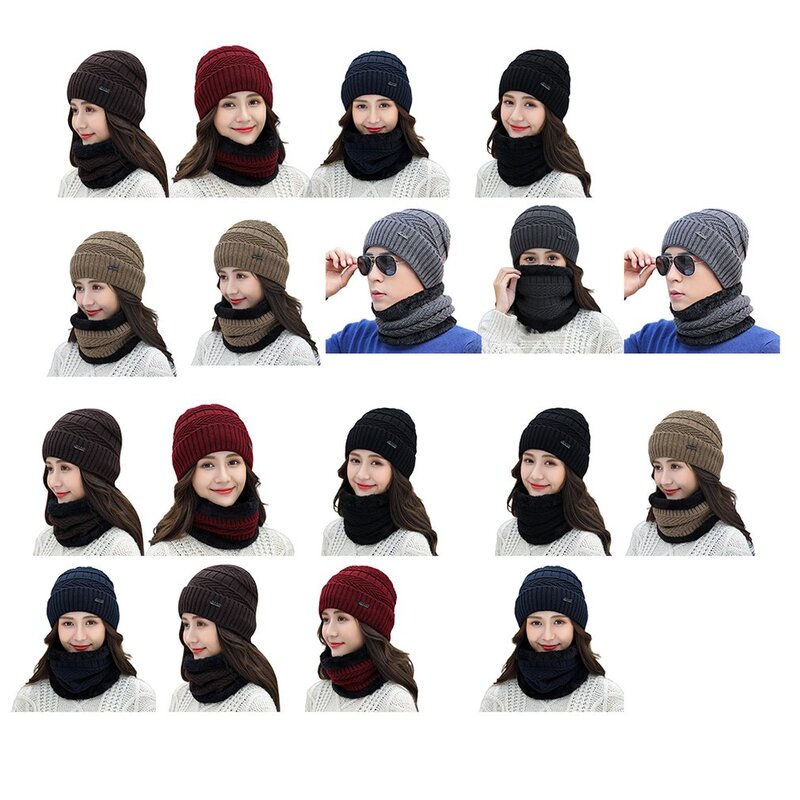 3Pcs Schal und Hut Winter Frauen Gestrickte Bommel Beanie Hut Dicke Warme Kappe Schal Set Winter Frauen Zubehör warm wolle garn neue