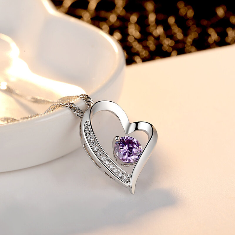 SODROV-collar con pendiente de corazón de Zircón púrpura para mujer, joyería de plata, collar plateado Mujer