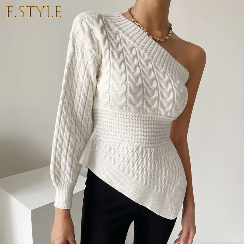 Suéter de punto con hombros descubiertos para mujer, suéter blanco elegante de moda coreana, cuello Diagonal, Media manga, Otoño, 2021