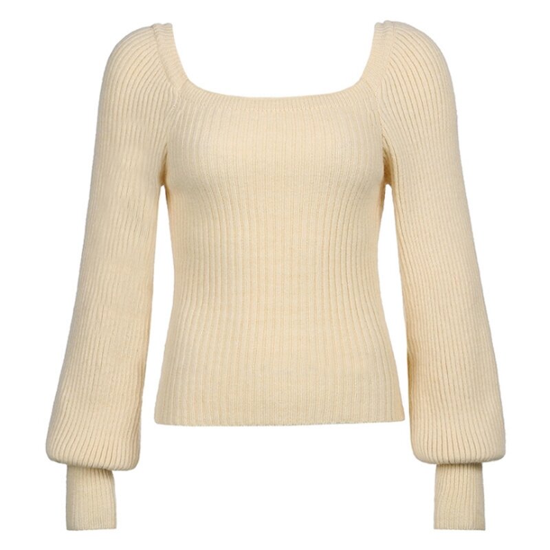 Women Long Lantern Sleeve Sweater Turtleneck Knit Solid Color Loose Jumper Top X3UE