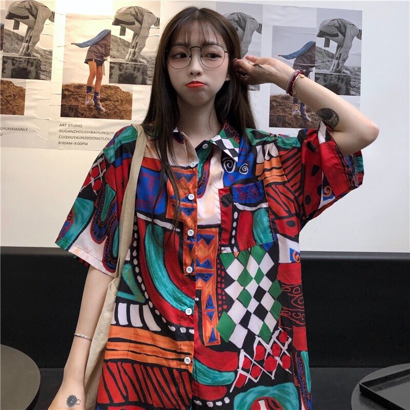 Kobiety ubrania kieszenie skręcić w dół kołnierz geometryczne Harajuku Ulzzang Camisetas Mujer Manga Corta moda luźne koszulki osobowość