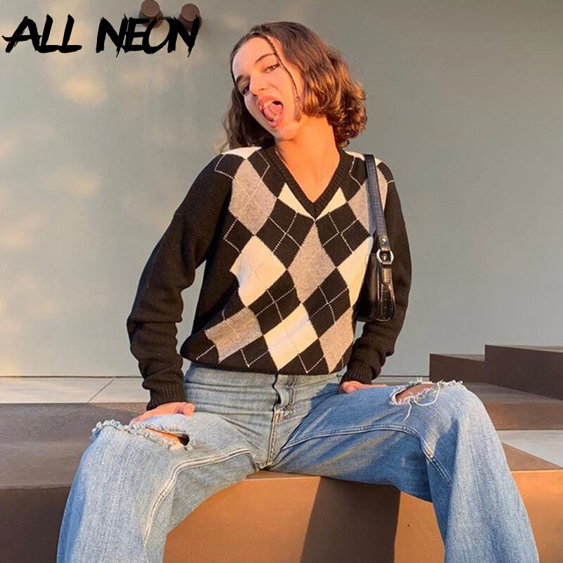 ALLNeon Indie esthétique Argyle Plaid tricoté Y2K pulls Harajuku col en v à manches longues pulls e-fille Vintage Streetwear automne