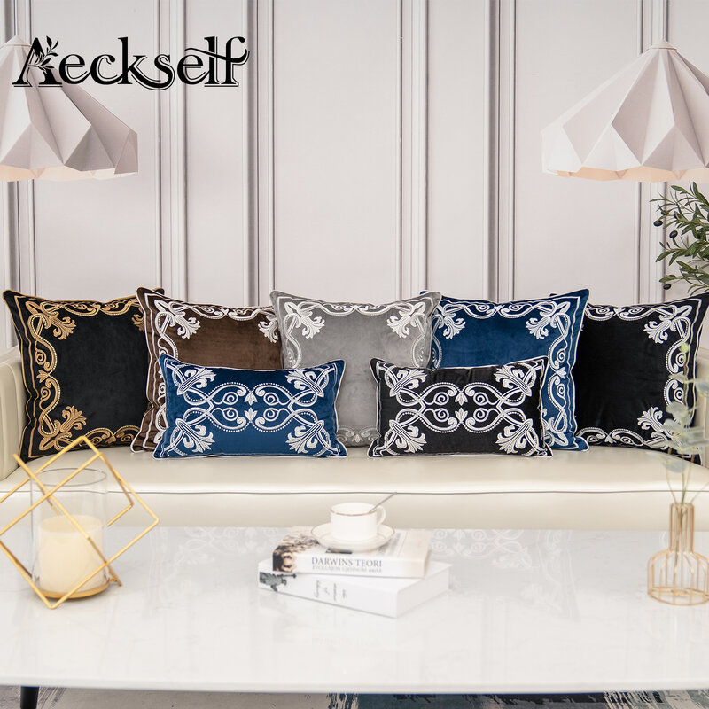 Aeckauto-funda de cojín de terciopelo con bordado de flores europeas, decoración para el hogar, azul marino, marrón, gris, funda de almohada