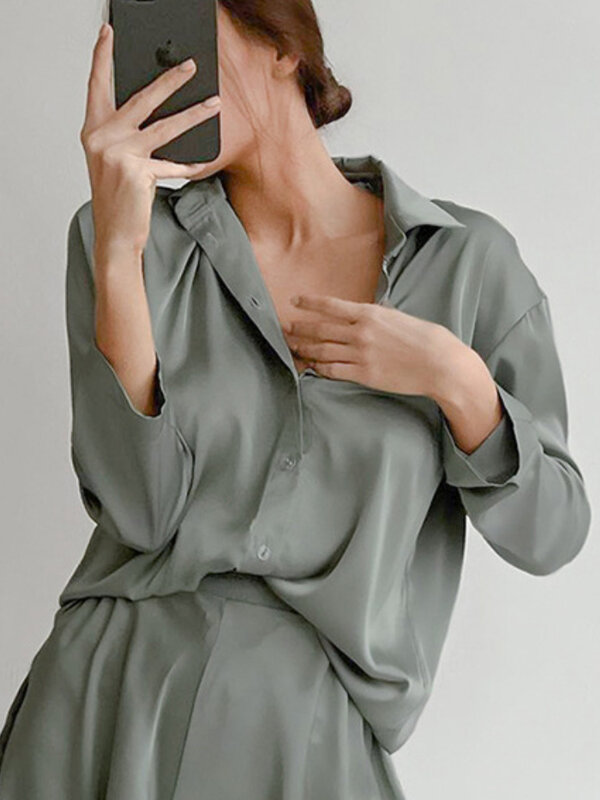Áo Len Nam Mùa Hè Satin Homewear Pyjama Phù Hợp Với Áo Sơ Mi Tay Dài + Quần Short 2 Bộ Nữ Thời Trang trang Phục
