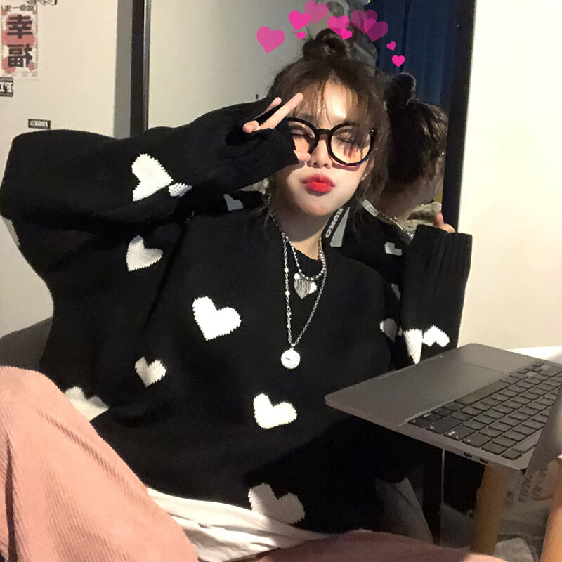 Nomikuma 2020 Sweter Wanita Musim Gugur Musim Dingin Atasan Pullover Rajutan Hati Cinta Korea Lengan Panjang Leher-o Tarik Femme B037