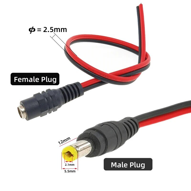 Cable de alimentación DC Pigtail, conector macho de 12A/5A para cámara de respaldo de coche, adaptador de iluminación de cámara de seguridad CCTV, 20AWG, 5,5x2,1mm