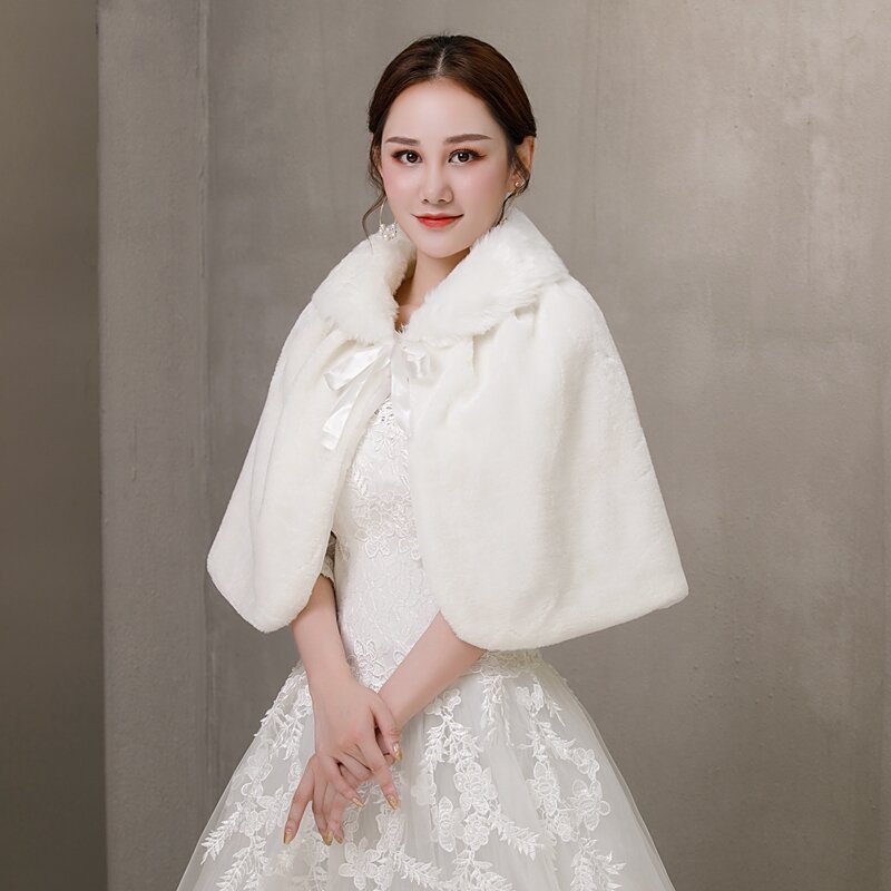 Chal de piel sintética de marfil para novia, Bolero cálido de invierno con cinta, accesorios de boda, disponible