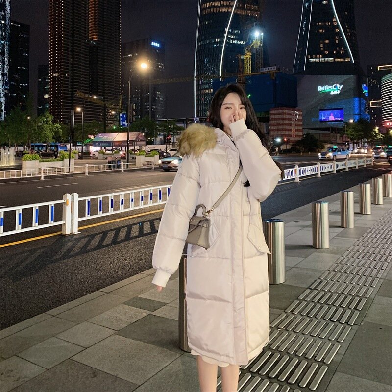 Новинка 2021, пуховик средней длины с большим меховым воротником, женское Свободное пальто выше колена в Корейском стиле с хлопковой подкладк...