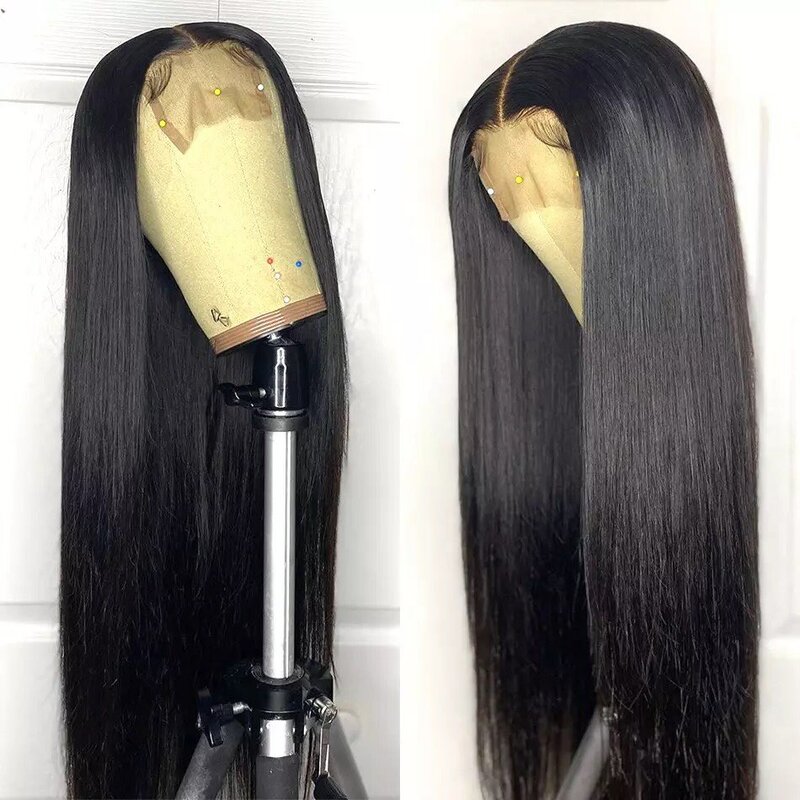 Perruque Lace Frontal wig naturelle lisse, cheveux humains, 13x4, 4x4, pre-plucked, Transparent 180%, pour femmes