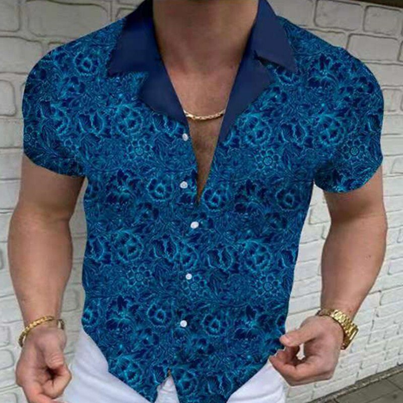 Мужская приталенная рубашка с коротким рукавом, повседневная однобортная рубашка в стиле High Street, одежда с принтом и отложным воротником, Но...