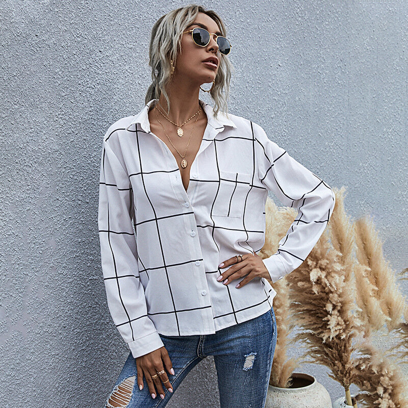 2021 Spring Summer  New Plaid Blouse Women Casual Pocket Full Sleeve Chiffon Blouse Tops For Women Loose Blouse