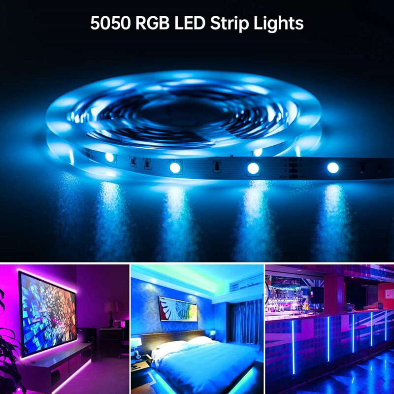Bande lumineuse LED RGB, wi-fi 5050, 16.4-98.4 pieds, pour fête, chambre à coucher, TV, ordinateur, décoration, compatible Alexa Google Co