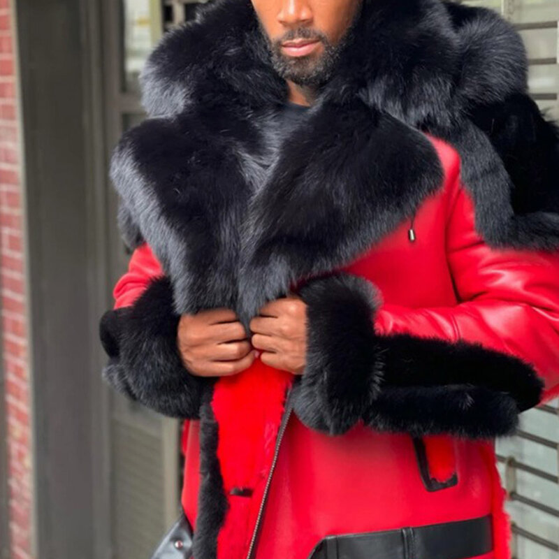 2021 nova moda masculina jaqueta de couro cor sólida engrossar mais veludo gola de pele com capuz zíper manga longa jaquetas de couro vermelho