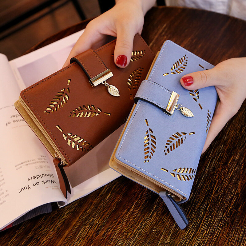 Portefeuille en faux-cuir pour femmes, long, avec design de feuilles dorées en profondeur, pochette, sac à main, porte-monnaie, porte-cartes