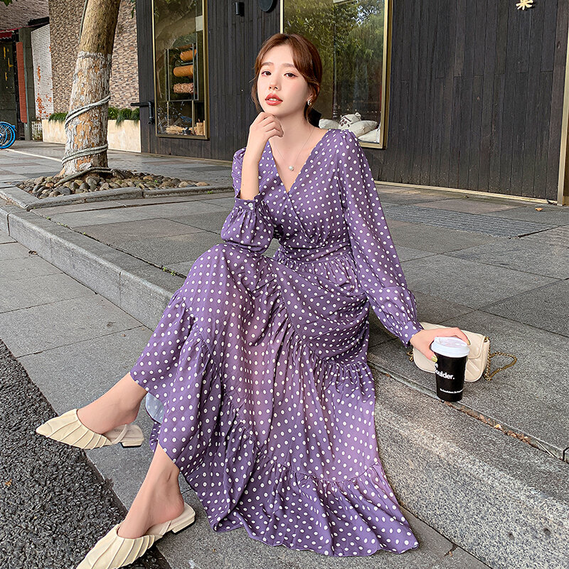 Hebe & Eos-우아한 폴카 도트 롱 쉬폰 드레스 여성용, 한국 스타일 긴팔 로브, 팜므 v넥 맥시 가을 드레스