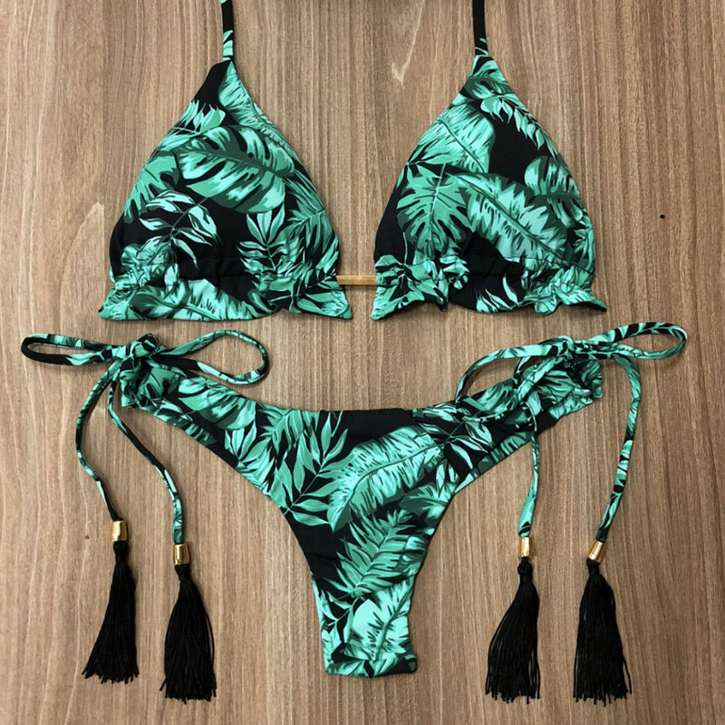 Costume da bagno Sexy perizoma brasiliano Micro Bikini stampa foglie tropicali perizoma 2 pezzi costumi da bagno imbottito Halter nuoto costume da bagno