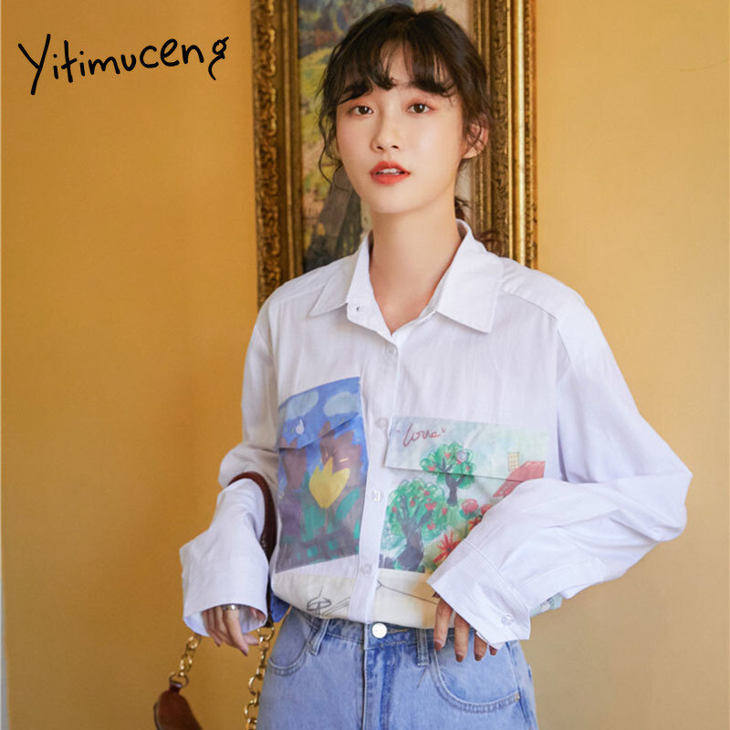 Yitimuceng Print Blouse Women Button Shirt Loose Spring 2021 Korean new Long Sleeve Turn-down Collar Single Breasted Casual Tops