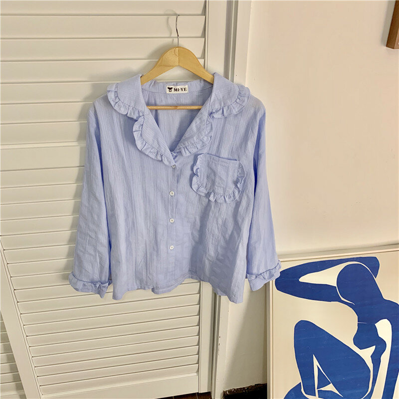 3 Warna 100% Katun Baju Rumah Wanita Lengan Panjang Blus Ruffle Celana Longgar 2 Potong Set Pakaian Rumah Pakaian Tidur Piyama Set
