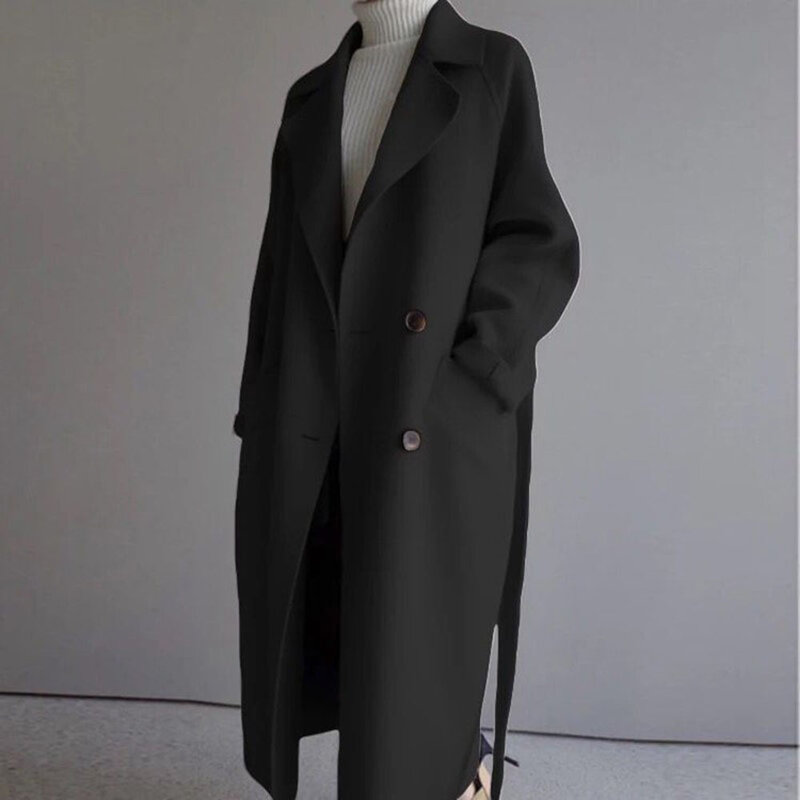 Casaco de lã feminino elegante, casaco longo minimalista básico preto moda coreana sobretudo de lã em tamanho grande