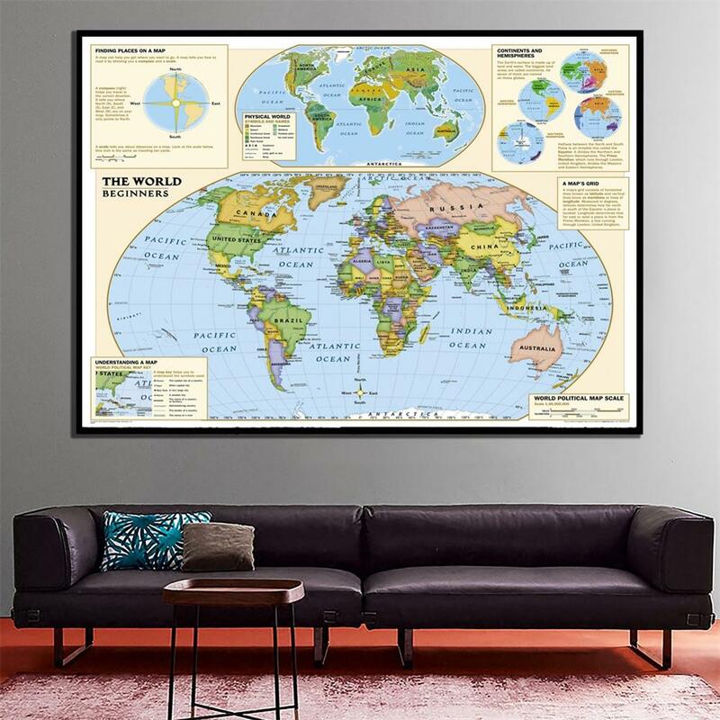 A2 tamanho o mapa do mundo versão simples pintura em spray de lona fina para iniciantes decoração da parede do escritório em casa mapa