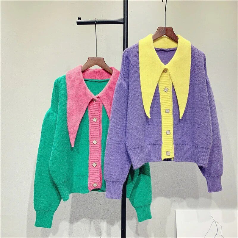 Saythen – Cardigan en tricot à manches longues et col en v pour femme, veste décontractée à boutons et revers de couleur contrastée, collection automne-hiver 2020