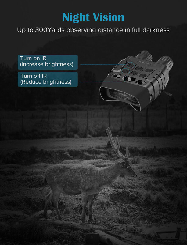 Binóculos com dispositivo de visão noturna, 300 jardas, digital, zoom telescópico, óptico, com tela de 2,3", gravação de vídeo, câmera de caça