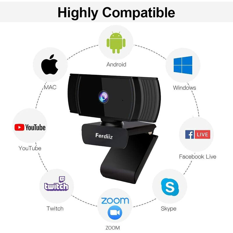 Câmeras de computador ferdiiz autofocus 1080p webcam com microfone estéreo, controle de software e capa de privacidade