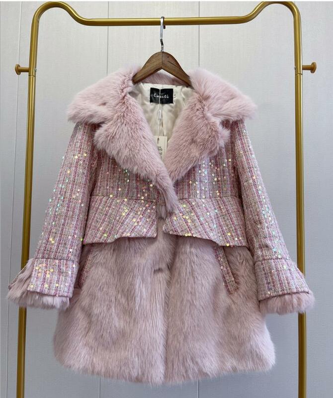 Neue Frauen Pailletten Winter Herbst Gefälschte Pelz Outwears Koreanische Drehen Unten Kragen Warme Lose Patchwork Weibliche Faux Pelz Jacken K1558