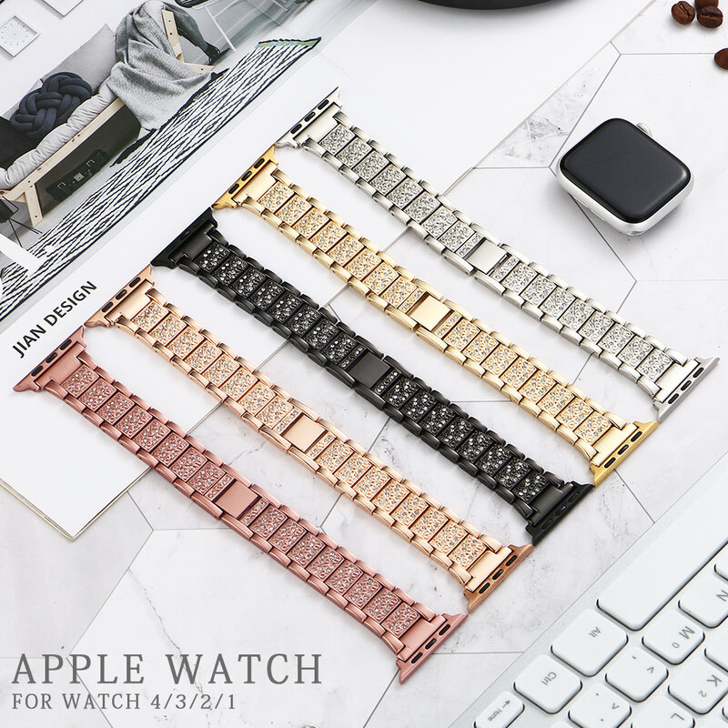 Correa de acero inoxidable para Apple Watch 6 SE, banda de diamante para iWatch Series 5 4 3 2, 40mm, 44mm, 38mm y 42mm