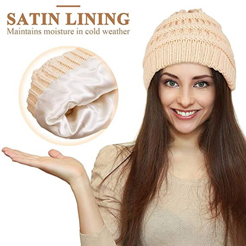 Winter Unisex Windproof Warm Knitted Beanie Cap Satin lining Fashion Soft Comfortable Hat Outdoor Cycling Skiing Warmer