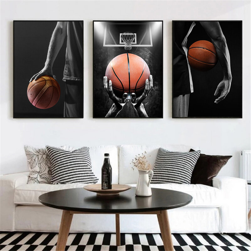 สีดำและสีขาวภาพวาดผ้าใบผู้เล่นบาสเกตบอลโปสเตอร์เปลี่ยนบาสเกตบอล Dream Wall Art พิมพ์ภาพห้องนั่งเ...