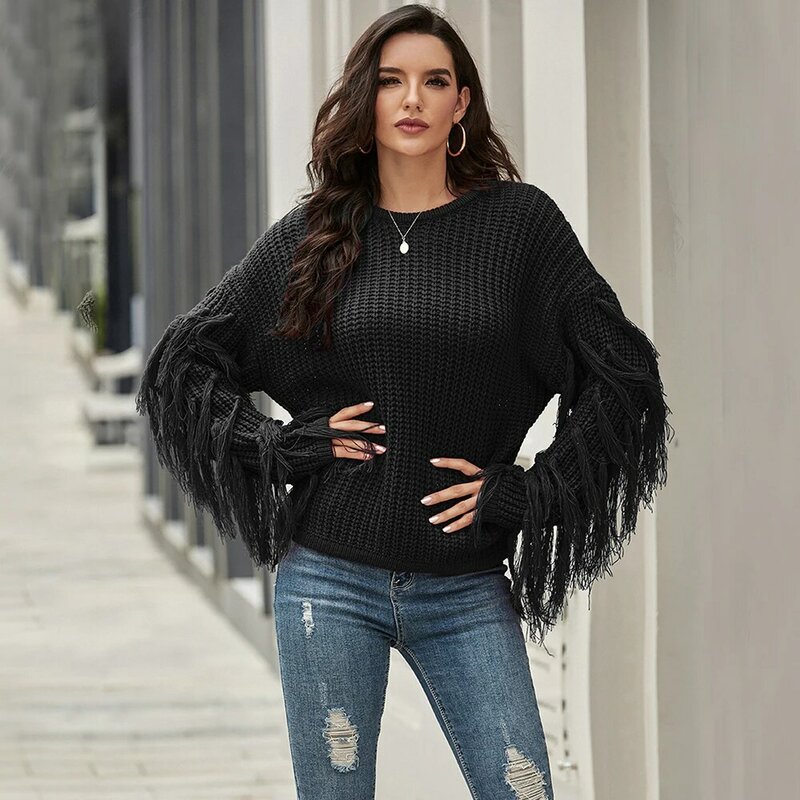 Suéter de malha feminino casual, elegante, de manga longa, com borla, solto, sólido, high street chique, outono inverno 2020