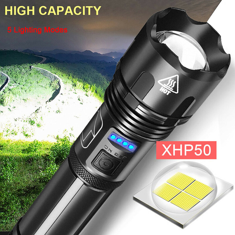 Potente linterna Led Xhp 50, lámpara impermeable recargable por Usb, Ultra brillante, portátil, de aleación de aluminio para actividades nocturnas