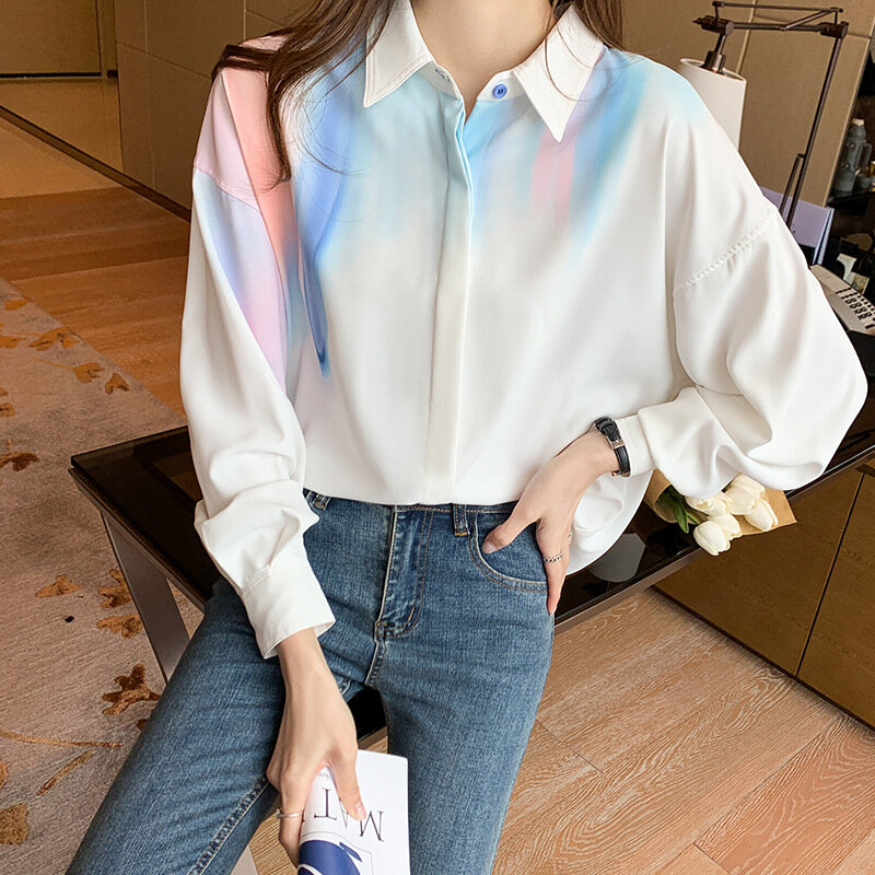 Yg de las mujeres de la marca de moda de Primavera de 2021 y novedad de verano de impresión de tinta versátil Casual Camisa de manga larga solapa blanco