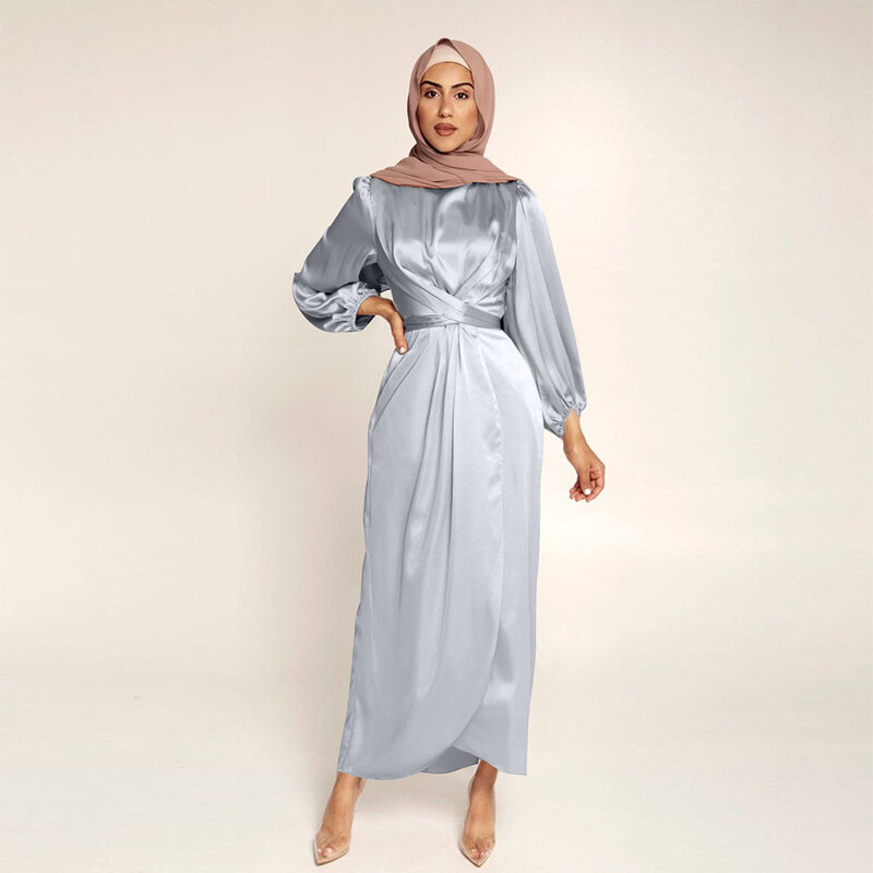 Abaya Bọc Trước Đầm Nữ Tay Satinlike Đồng Màu Xẻ Đến Thắt Lưng Áo Dài Nữ Dubai Thổ Nhĩ Kỳ Thời Trang Thanh Lịch khi Mặc