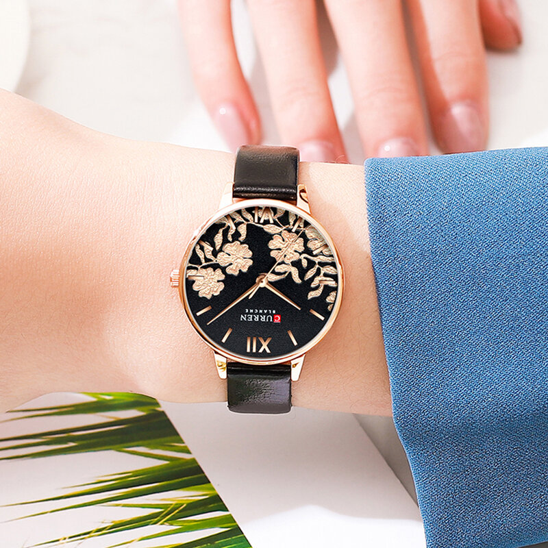 Novo curren relógios para mulheres moda casual pulseira de couro quartzo relógio de pulso de luxo feminino elegante senhoras relógio 9065