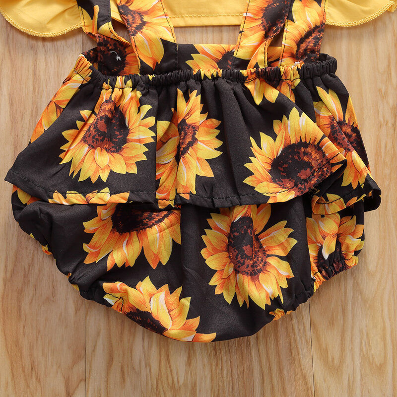 Verão nova moda bebê recém-nascido meninas roupas de verão girassol macacão manga plissado macacão bandana outfits 0-24m