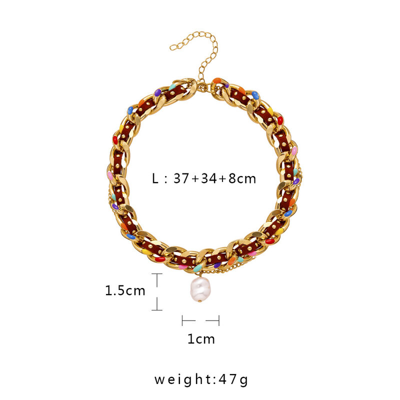 Cadena de cuero hecha a mano con remache, collar de doble capa con perlas de colores, cadena para clavícula, Hip Hop, chica, novedad de 2021