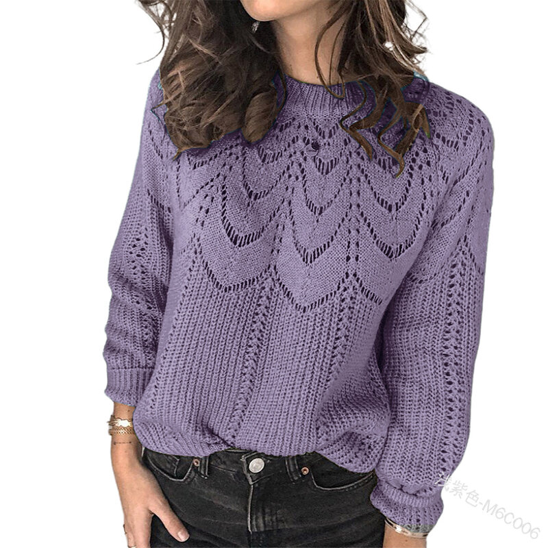 Jesień 2021 kobiet pusty jednolity Out szeroki sweter O-Neck sweter Lady Casual luźne swetry sweter z dzianiny z długim rękawem