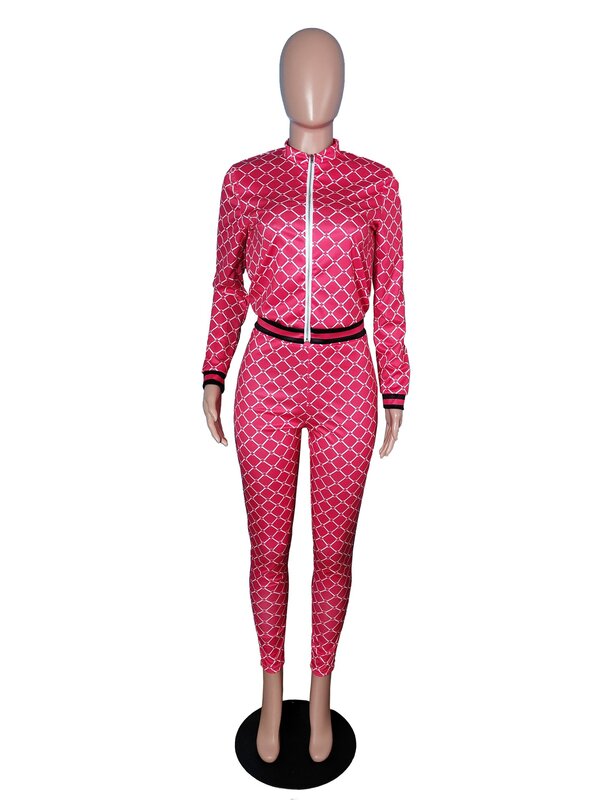 Ursuper 2021 New Fashion Two-piece Tracksuit Plaid Outwear Winter Women Pant Sets Zipper Printing Women