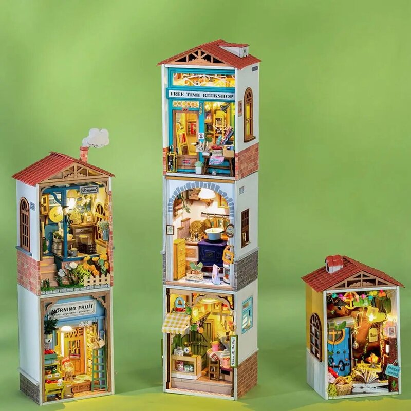 재미있는 미니 타운 장난감 컴팩트 지우기 단계 DIY 헛 장난감 잼 가게 DIY 아트 하우스
