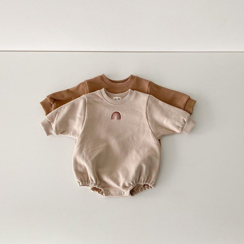 Novo bebê roupas primavera menina macacões arco-íris bordado recém-nascido manga longa macacão infantil menino triângulo saco peido roupas