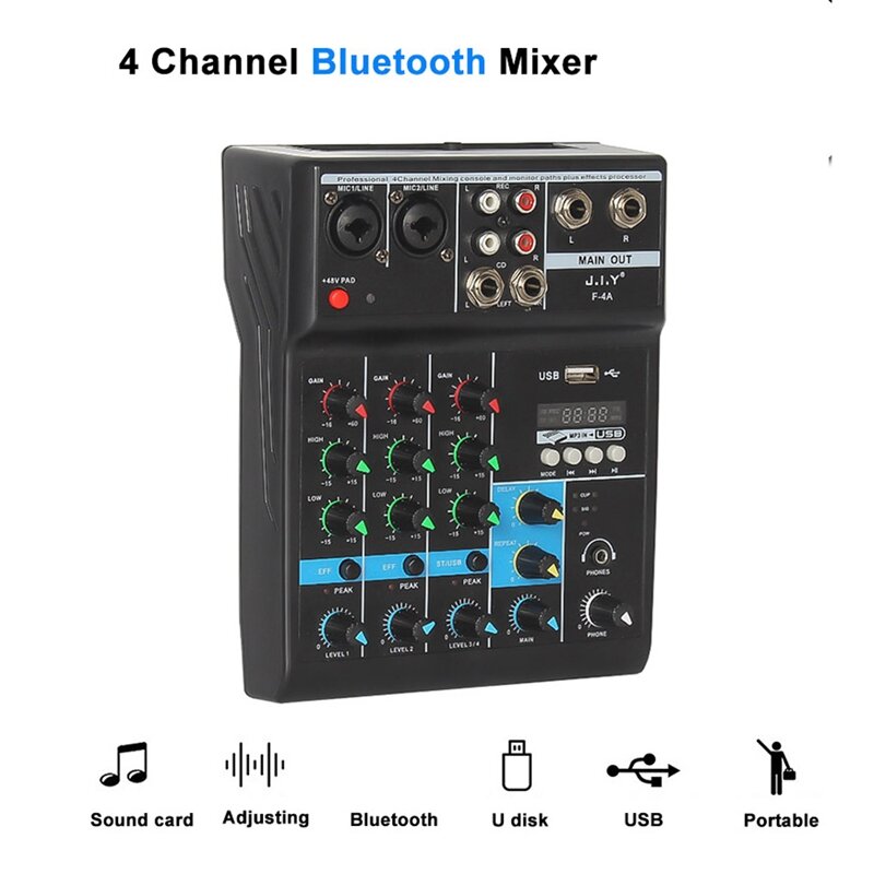 Mezclador profesional de 4 canales con Bluetooth o consola de mezcla de DJ con efecto de reverberación PARA Karaoke en casa, USB, KTV de escenario en vivo