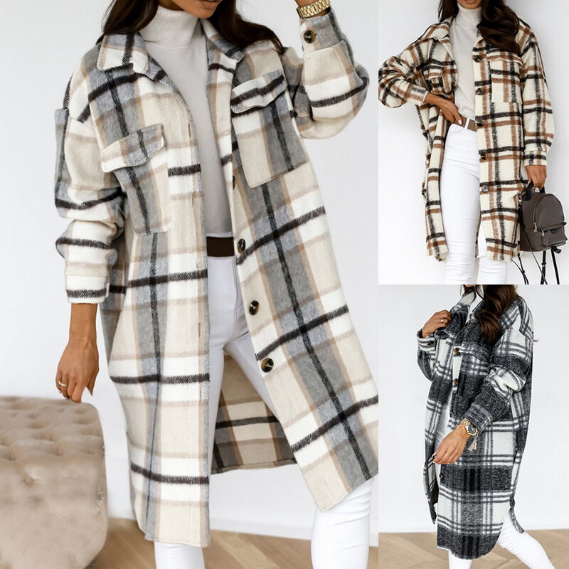 2021 nova outono inverno mulheres oversized casaco longo verificado moda casual chique jaquetas longas blusão outfits