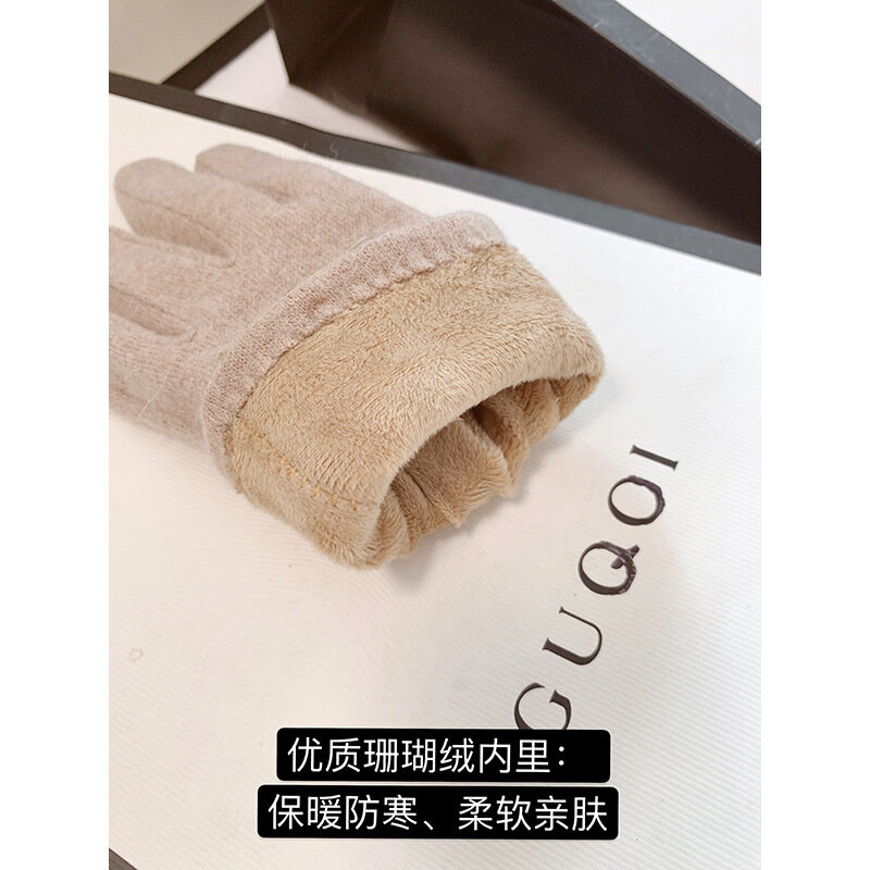 Wool Gloves Women Winter Cute Plus Velvet Thickening Keep Warm Cold and Windproof Touch Screen Cycling Drive Solid Color Gloves