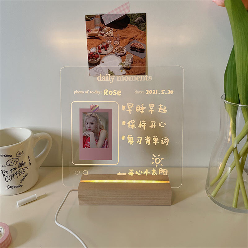 Tablero de mensajes luminoso acrílico transparente, lámpara Led, almohadilla de escritura para hacer lista con interfaz Usb, soporte de madera, tablero de notas coreano