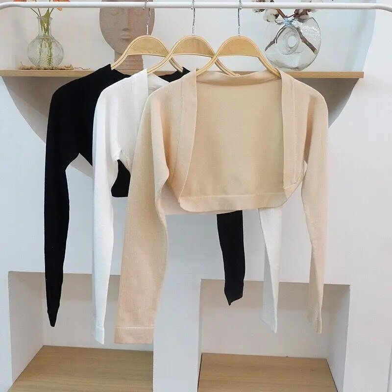 2022 wiosenny i jesienny nowy damski żakiet otwarty przód Bolero wzruszając ramionami elegancka, długa rękaw jednokolorowy dzianinowy przycięty sweter czarny biały