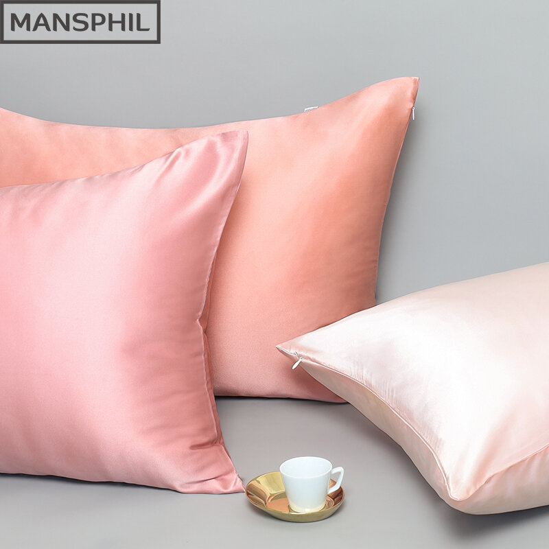 Housse de coussin en soie Pure 100%, taie d'oreiller avec fermeture éclair, couleur unie, luxe, taille Standard Queen, série manspil rose